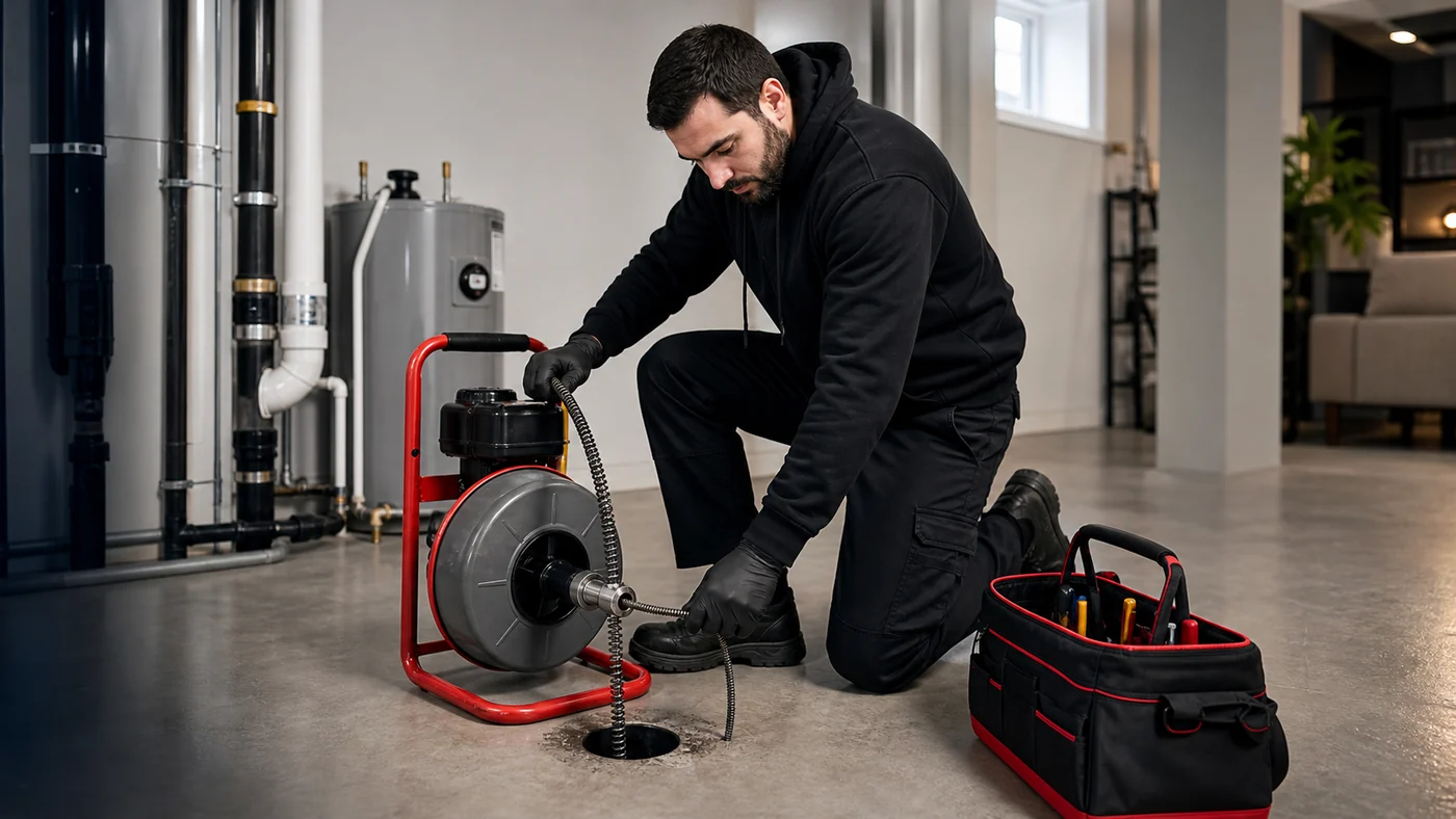 Technician clearing a drain line with professional equipment