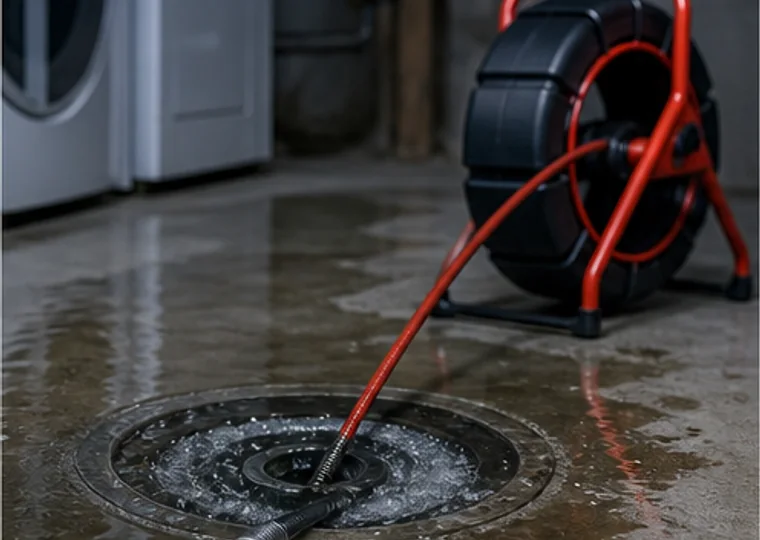 Drain cleaning cable clearing a backed-up floor drain