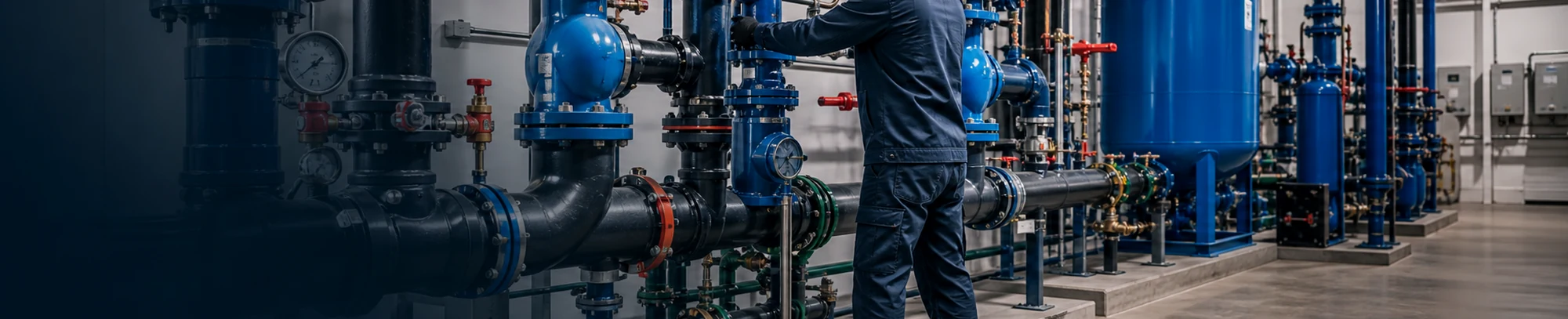 Commercial plumbing mechanical room with large pipes and valves
