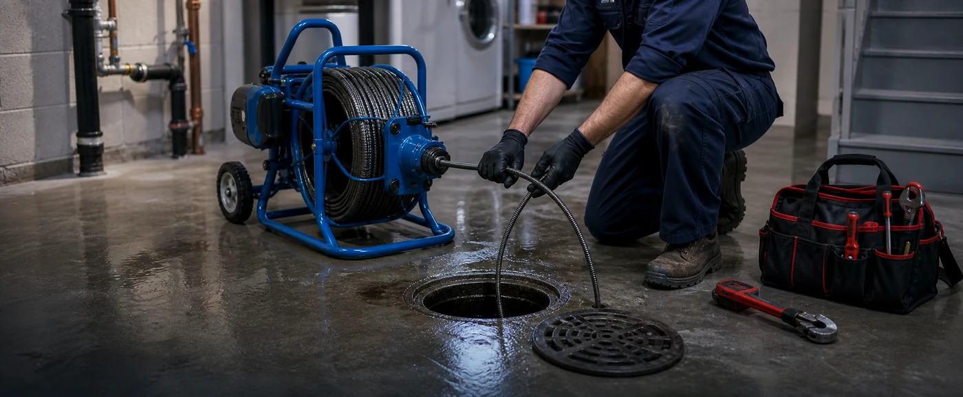 Drain cleaning cable clearing a basement floor drain