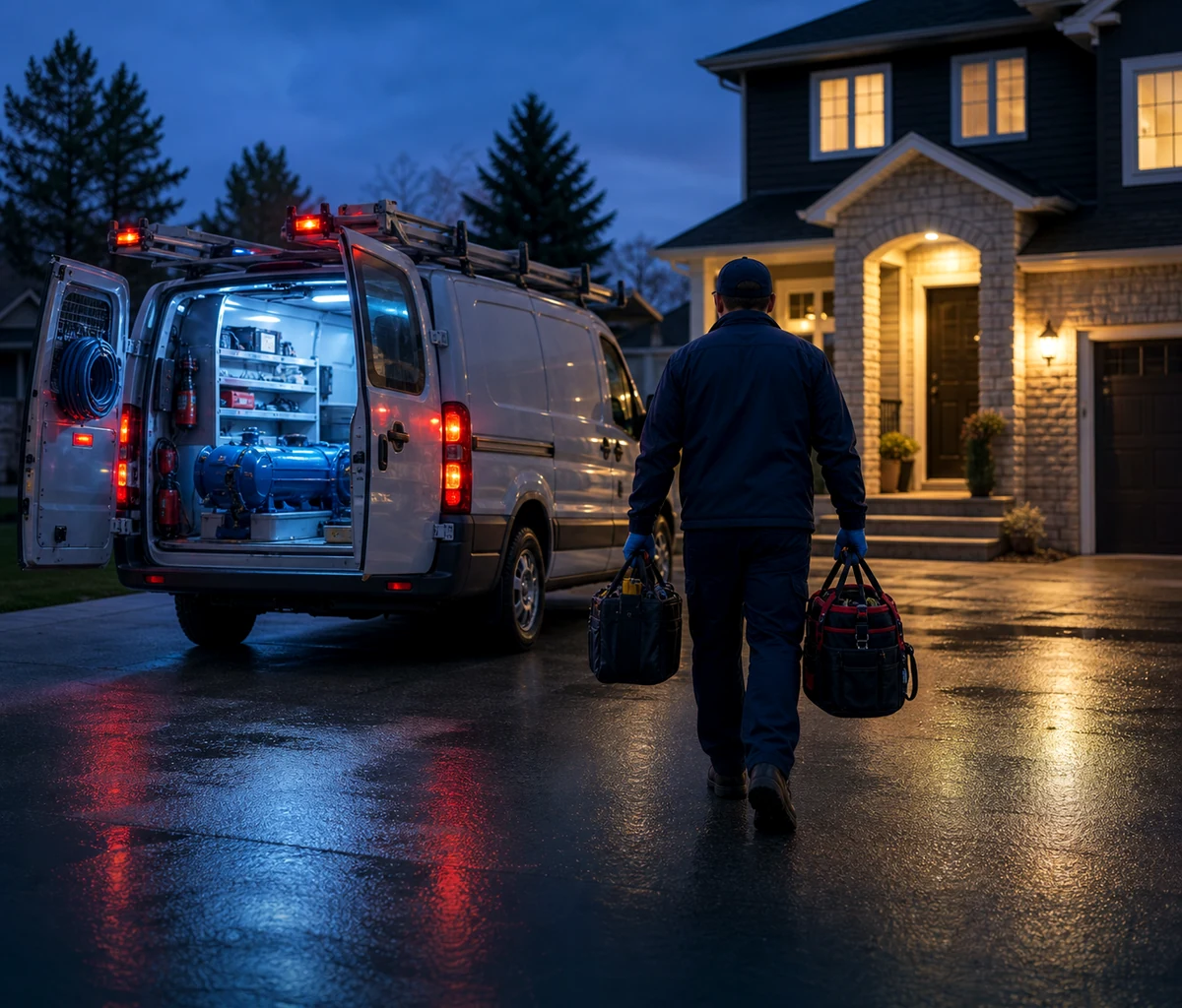 Drain and sewer response truck arriving at a home at dusk with service equipment