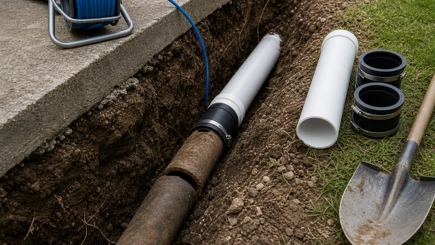 Exposed sewer line with replacement PVC pipe, couplings, and repair tools ready beside a trench