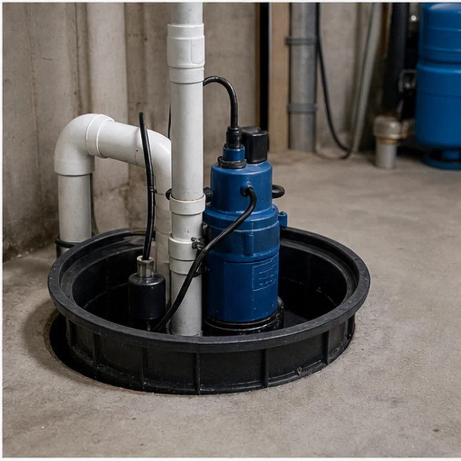 Sump pump inside a clean basement sump pit